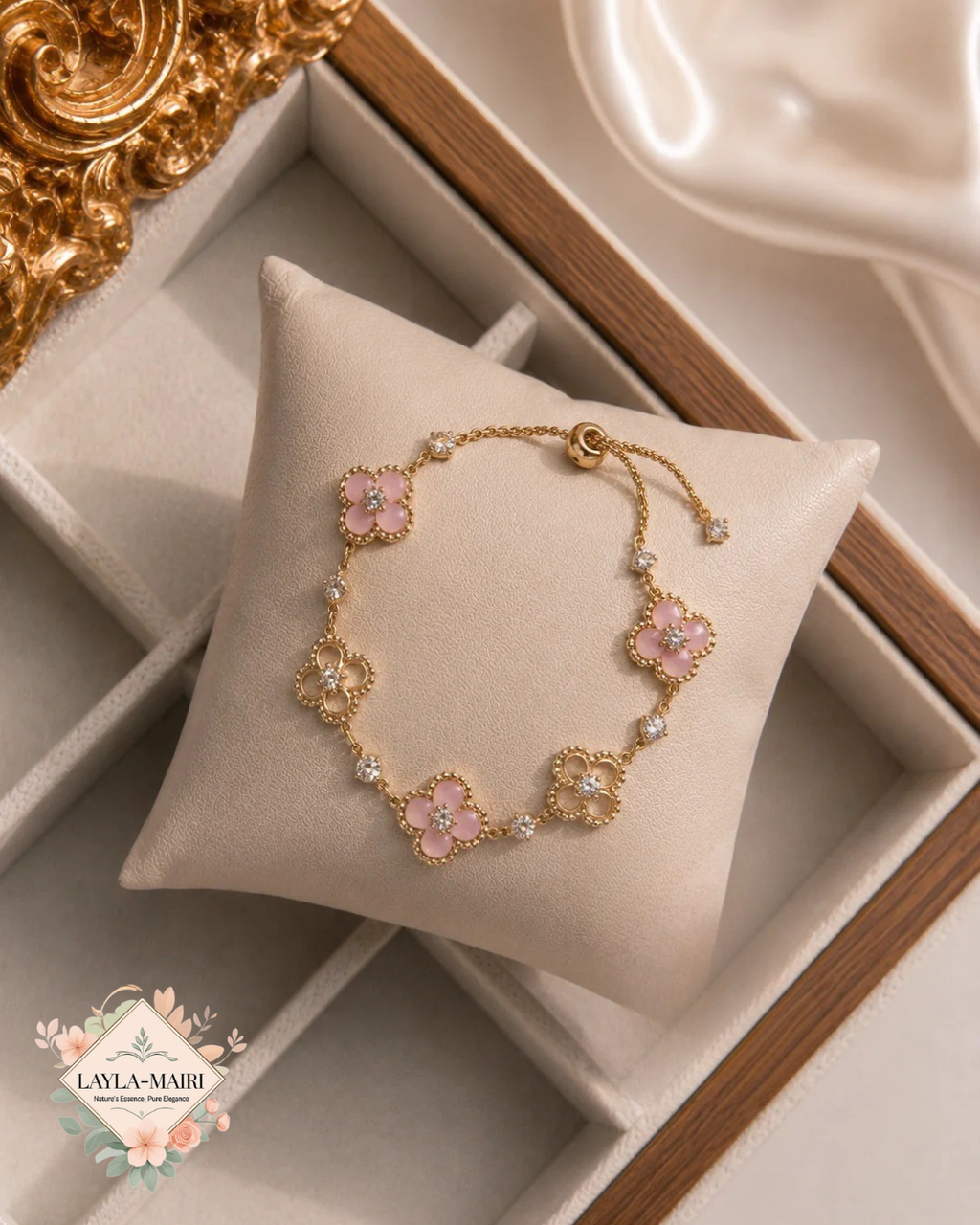 1pc Elegant Rhinestone Inlaid Four-Leaf Clover Adjustable Bracelet - 3
