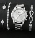 4 Pieces Lady's Silver Stainless Steel Strap Classic Quartz Watch Jewelry Set
