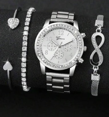 4 Pieces Lady's Silver Stainless Steel Strap Classic Quartz Watch Jewelry Set