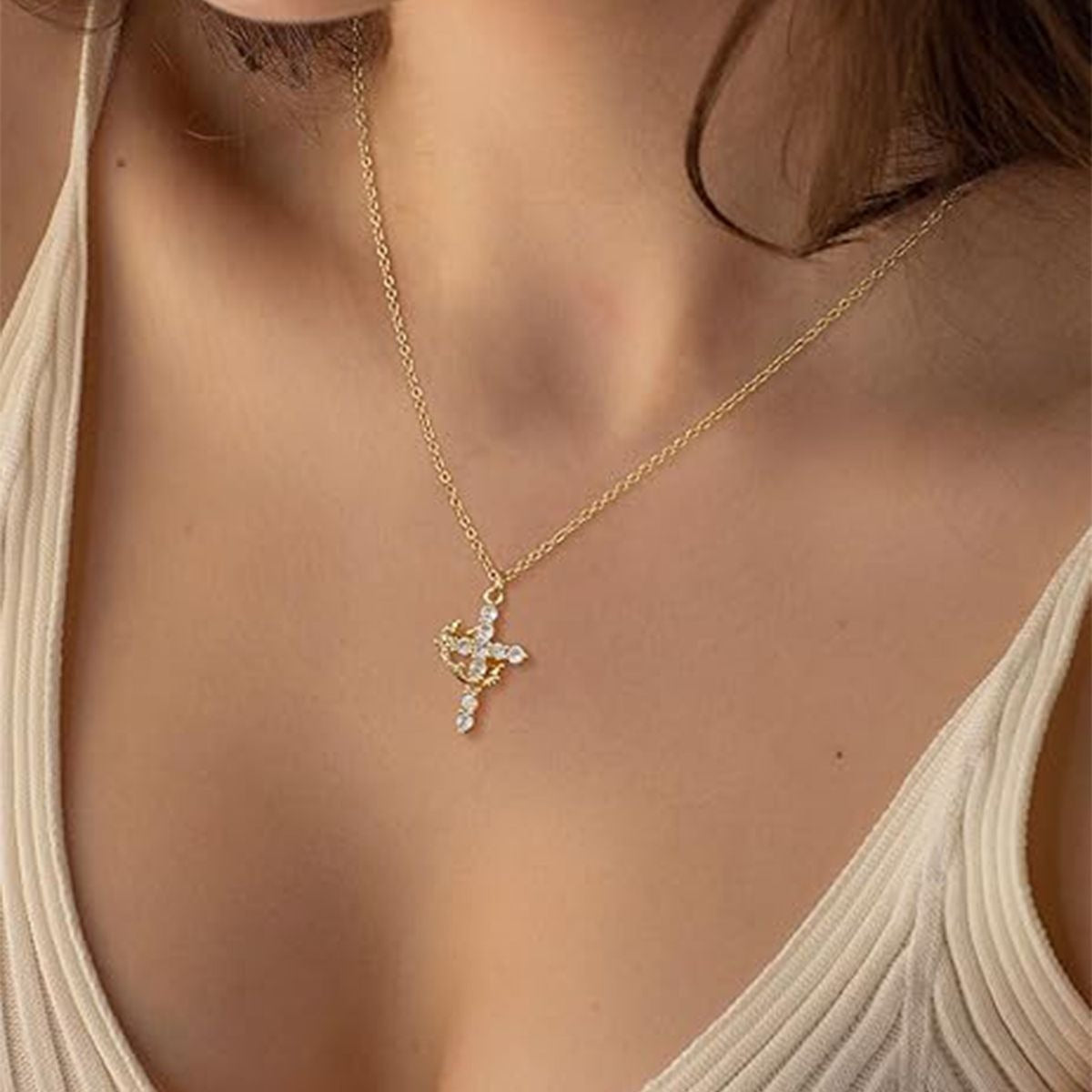 Diamond Cross Necklace for women, Gold Cubic Zirconia Pendant Necklaces